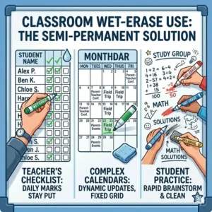 A teacher organizing a classroom schedule board and tracking student progress with wet dry erase markers."