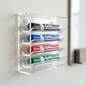 A minimalist clear acrylic dry erase marker holder mounted to a wall, showing organized colored markers.