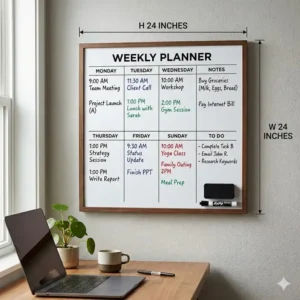 Technical drawing showing the exact height and width dimensions of a 24x24 inch weekly wall calendar dry erase board.