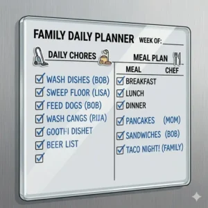 A magnetic dry erase daily planner on a stainless steel refrigerator used for organizing family chores.