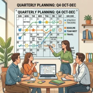 A clean corporate illustration of a team collaborating in a conference room around a large quarterly dry erase wall calendar for project management tracking.