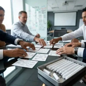 A collection of white dry erase markers sitting in a tray during a corporate brainstorming session.