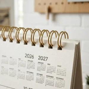 Detail of the durable metal spiral binding and thick paper of a 2026 wall calendar.