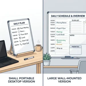 A side-by-side comparison of a portable desktop daily planner whiteboard versus a large wall-mounted version.