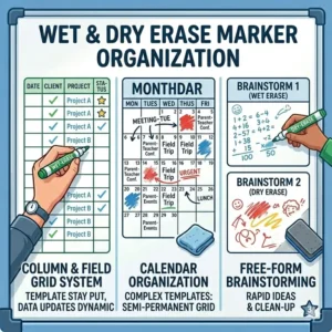 A colorful home and office calendar template organized efficiently using wet dry erase markers."