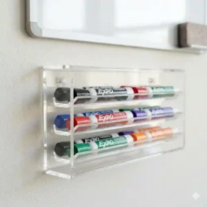 An ergonomic wall rack designed as a horizontal dry erase marker holder to prevent the ink tips from drying out.