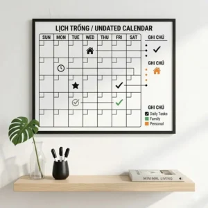 A minimalist vector design of an undated dry erase wall calendar with a sleek black frame, blending into a Scandinavian-style interior.