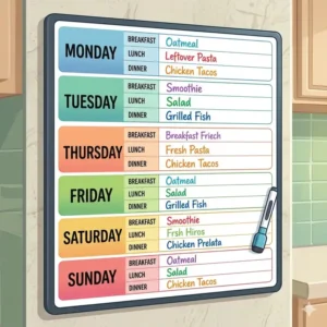 A weekly wall calendar dry erase board used in a kitchen environment for meal planning and grocery lists.