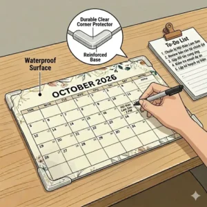 Graphic showing the premium no-bleed paper quality used in this large desk calendar.