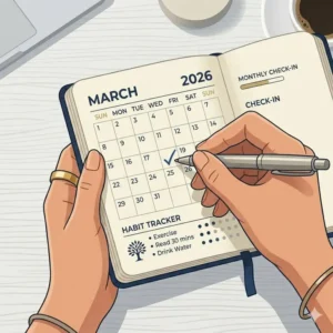 Graphic vector illustrating someone checking off days on a pocket calendar 2026 for daily habit tracking.
