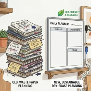 Illustration comparing a single dry erase daily planner to a stack of paper notebooks for eco-friendly planning.