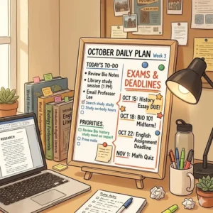 A compact daily planner whiteboard on a student's desk highlighting exam dates and assignment deadlines.