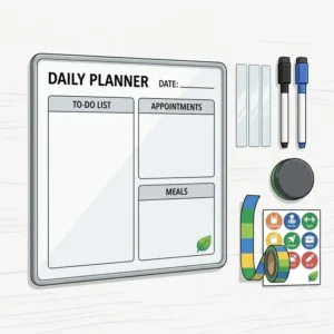 A complete dry erase daily planner kit including fine-tip magnetic markers, an eraser, and mounting tape.