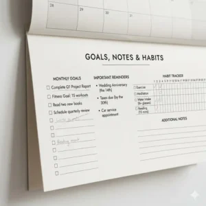 The integrated goals and notes section of a 2026 wall calendar for monthly productivity.