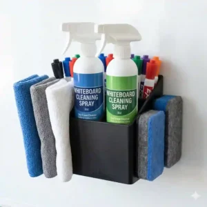 A spacious heavy duty magnetic dry erase marker holder caddy holding multiple markers, cleaning spray, and microfiber cloths.