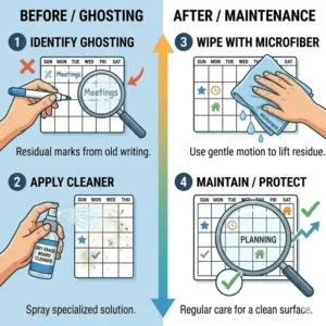 An illustration showing how to properly clean a dry erase wall calendar using a microfiber cloth and specialized spray cleaner to prevent ghosting and stains.
