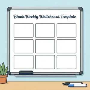 A product shot of a blank weekly white board template with clearly divided sections for each day and notes.