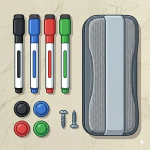 A set of magnetic markers, an eraser, and mounting hardware included with the weekly wall calendar dry erase board.