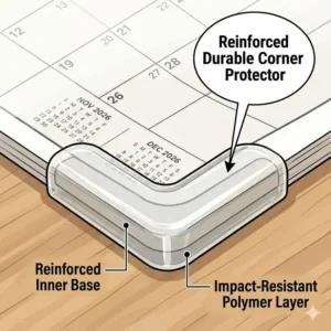 Illustration of a large desk calendar with pre-drilled holes for wall hanging versatility.