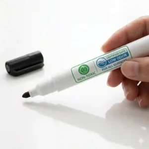 A white dry erase marker featuring a "Low Odor" and "Non-Toxic" certification label.