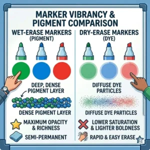 "An ink vibrancy and dense pigment layer comparison chart featuring various wet dry erase markers.
