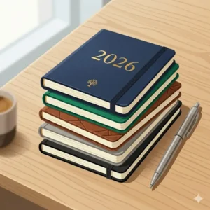 A stack of pocket calendar 2026 variations showcasing a collection of different cover colors and textures.