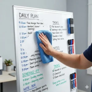 A person wiping a daily planner whiteboard clean with a microfiber cloth to show the stain-resistant surface.