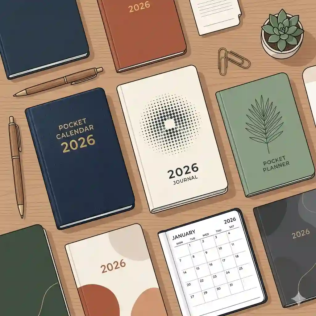 A curated collection of minimalist pocket calendars 2026 in various colors displayed flat on a modern wooden desk.