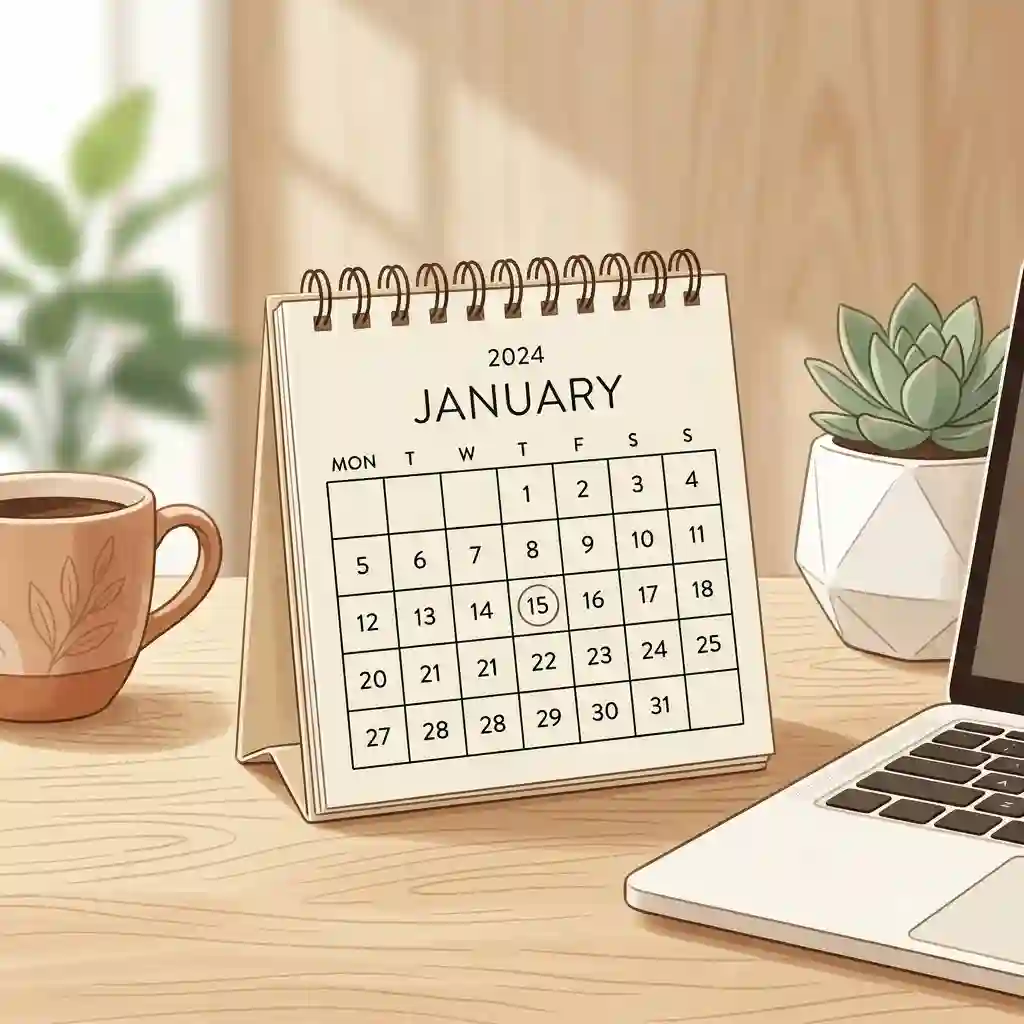 A minimalist small calendar sitting on a clean wooden office desk next to a laptop and a cup of coffee.