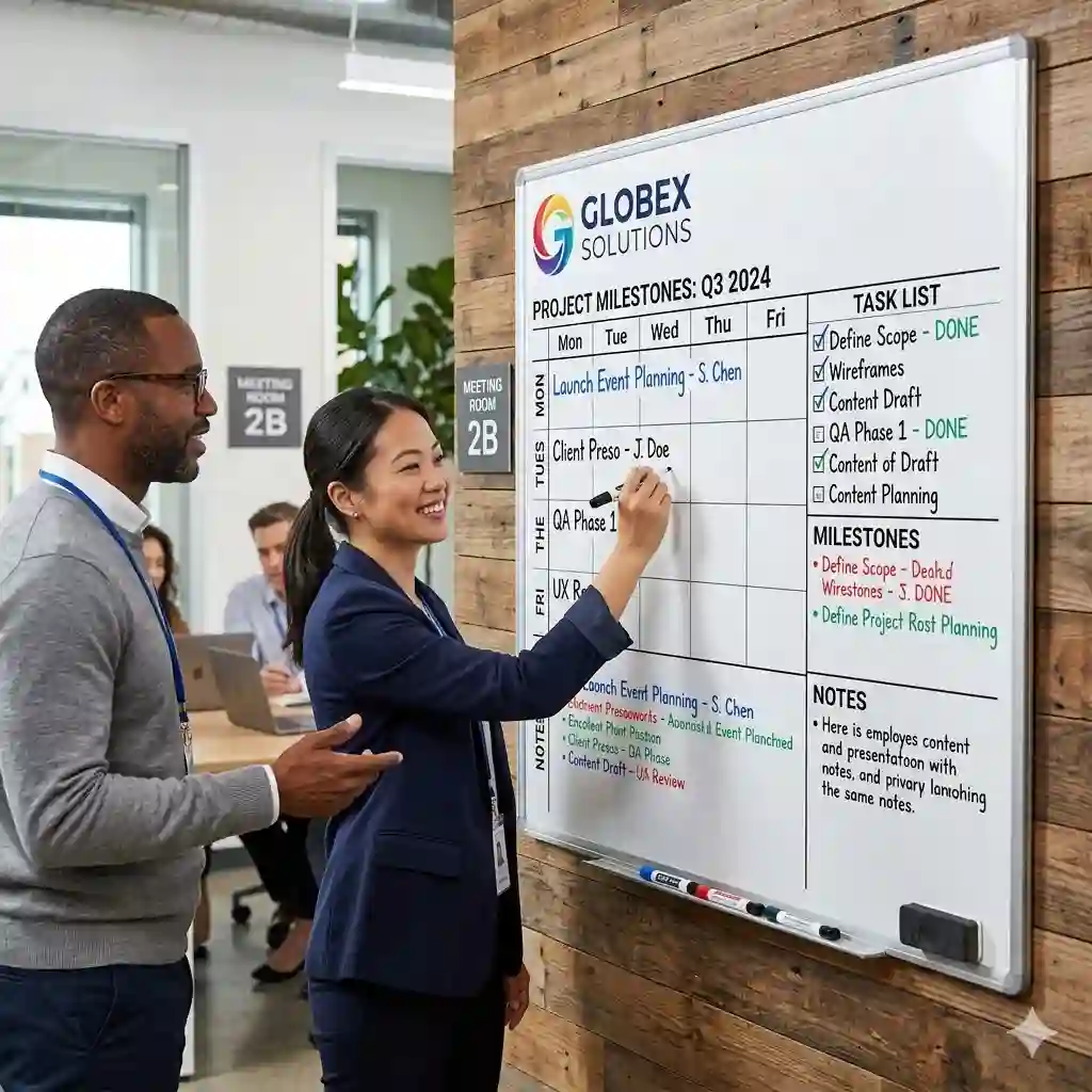 A large custom dry erase board with printed calendar grids and a company logo hanging in a modern office meeting room.dry erase boards custom
