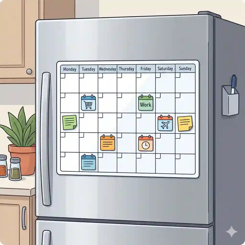A modern dry erase magnetic calendar for a fridge featuring a monthly grid template and color-coded markers using calendar magnets on a stainless steel surface.