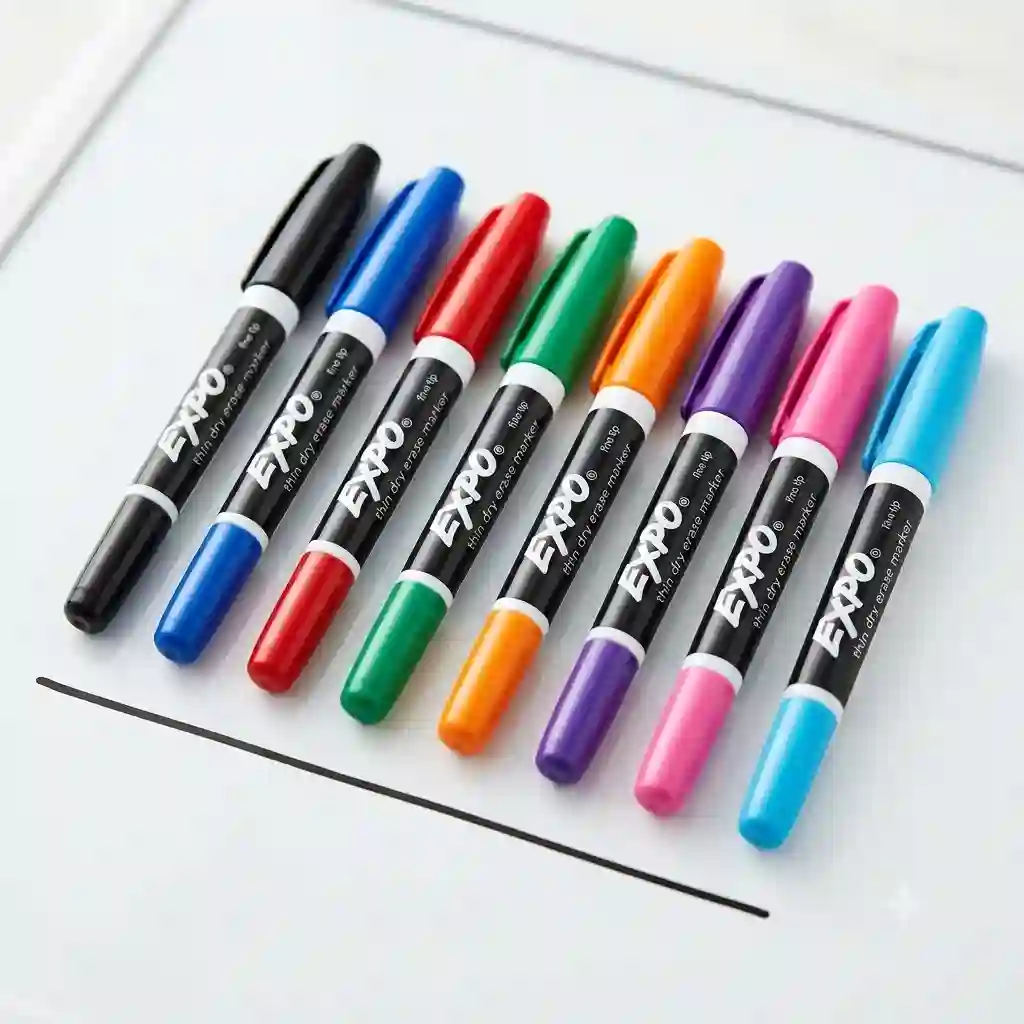 A variety pack of colorful Expo thin dry erase markers arranged neatly on a clean white surface.