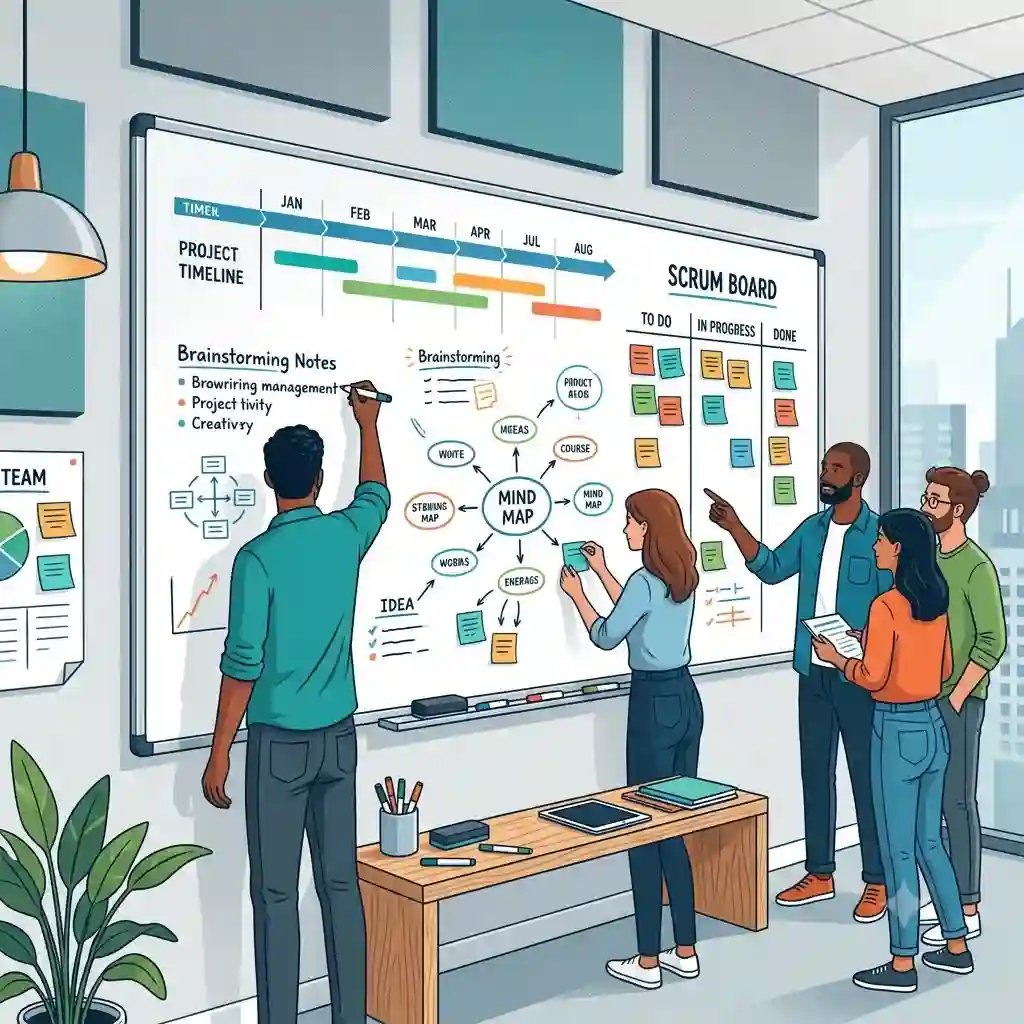 A sleek, large wall dry erase board mounted in a modern corporate conference room, featuring colorful project workflows and brainstorming notes.