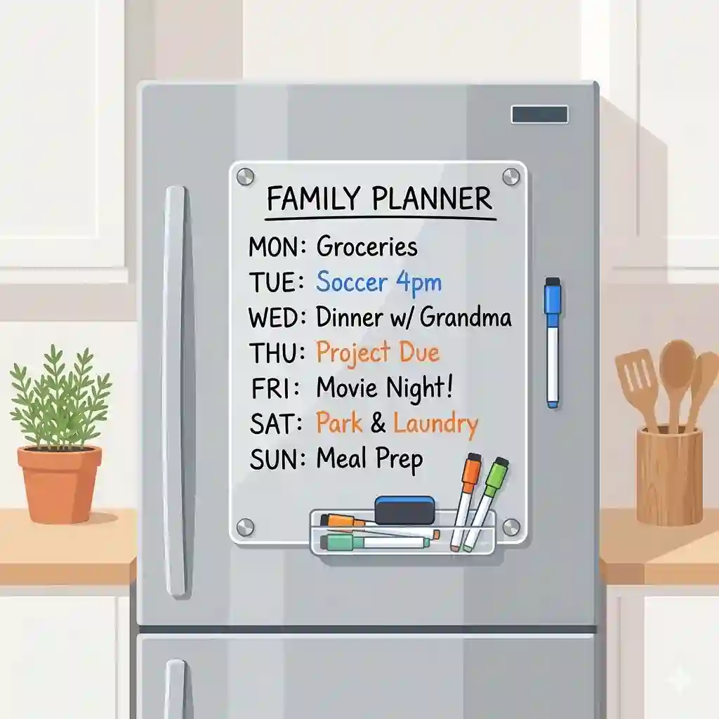 A clean kitchen view featuring a magnetic dry erase board for fridge mounted on a stainless steel refrigerator door, displaying a weekly family schedule and meal plan.