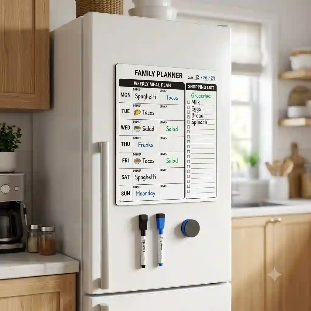 A professional photograph of a magnetic whiteboard for refrigerator doors used as a weekly meal planner and grocery list tracker in a modern kitchen.