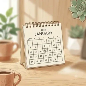 An aesthetic small calendar with pastel colors placed on a modern home office workspace.