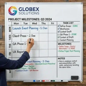 A custom dry erase calendar board template featuring printed weekly tracking lines and colorful marker notes.