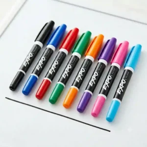 A close-up shot showing the precise fine tip of a black Expo thin dry erase marker.