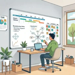Illustration of a minimalist home office setup with a large wall dry erase board hanging above a wooden desk for daily task tracking.