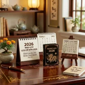 An illustration of a compact pocket-size mini calendars 2026 fitting neatly into a leather handbag.
