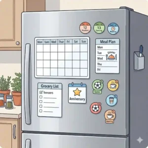 Vector illustration of a family kitchen refrigerator organized with weekly grocery lists, meal planning notes, and custom calendar magnets.
