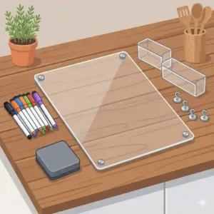 Top-down view of a clear magnetic dry erase board for fridge unboxed on a counter with its included colorful markers, eraser, and magnetic hooks.