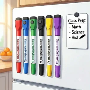 Colorful magnetic dry erase markers arranged on a school whiteboard during a lesson