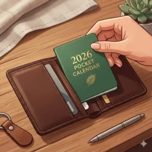 A compact pocket calendars 2026 being slipped effortlessly into a leather wallet to demonstrate its portable size.