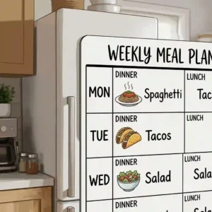 A close-up illustration of a magnetic whiteboard for refrigerator setups showcasing a detailed weekly menu board with daily sections.