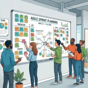 A creative team collaborating during an agile sprint meeting around a large wall dry erase board filled with sticky notes and diagrams.