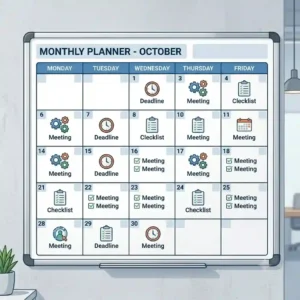 A custom whiteboard featuring a printed monthly calendar for task management.