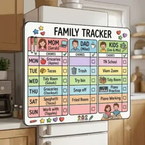An illustrated family chore chart on a magnetic whiteboard for refrigerator surfaces featuring colorful checklists and individual schedules.