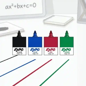 A colorful graphic showcasing vibrant ink swatches created with fine tip expo markers, including black, blue, red, and green.