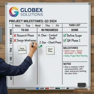 A custom dry erase Kanban board with structured columns for project management and team task tracking.